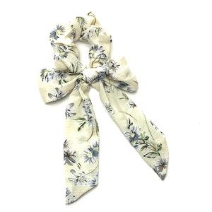 Ivory Blue Floral Scrunchie Hair Tie Bow Scarf